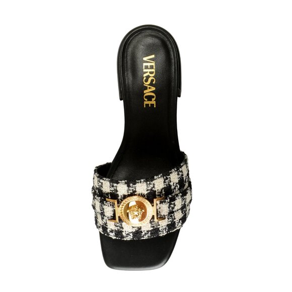 Versace Women's Black & White Gold Medusa Plaid Sandals Mules Shoes US 9 IT 39 - Picture 7 of 8